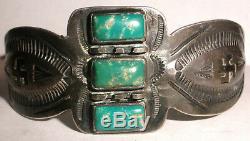 Vintage Navajo Sterling Silver turquoise bracelet Fred Harvey era Whirling Logs