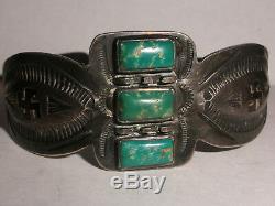 Vintage Navajo Sterling Silver turquoise bracelet Fred Harvey era Whirling Logs