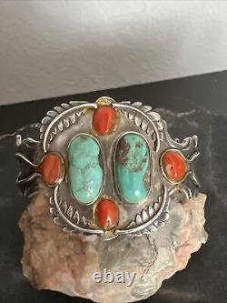 Vintage Navajo Sterling Turquoise & Coral Cuff Bracelet 62 Grams Signed HB