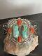 Vintage Navajo Sterling Turquoise & Coral Cuff Bracelet 62 Grams Signed HB