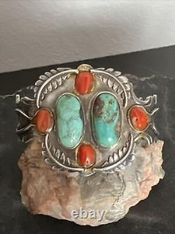 Vintage Navajo Sterling Turquoise & Coral Cuff Bracelet 62 Grams Signed HB