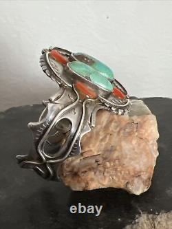 Vintage Navajo Sterling Turquoise & Coral Cuff Bracelet 62 Grams Signed HB