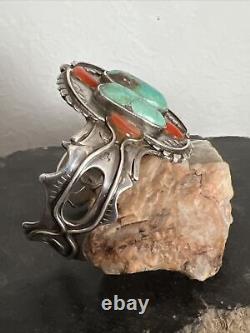 Vintage Navajo Sterling Turquoise & Coral Cuff Bracelet 62 Grams Signed HB