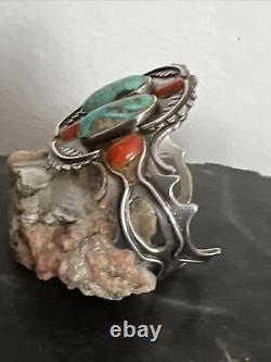 Vintage Navajo Sterling Turquoise & Coral Cuff Bracelet 62 Grams Signed HB