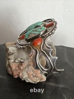 Vintage Navajo Sterling Turquoise & Coral Cuff Bracelet 62 Grams Signed HB