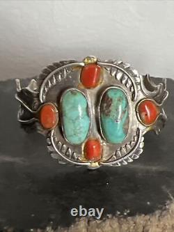 Vintage Navajo Sterling Turquoise & Coral Cuff Bracelet 62 Grams Signed HB