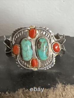 Vintage Navajo Sterling Turquoise & Coral Cuff Bracelet 62 Grams Signed HB