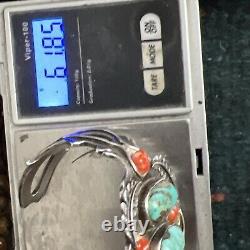 Vintage Navajo Sterling Turquoise & Coral Cuff Bracelet 62 Grams Signed HB