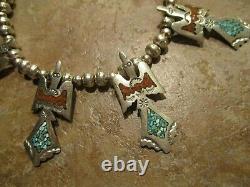 Vintage Navajo Sterling Turquoise / Coral THUNDERBIRD Squash Blossom Necklace