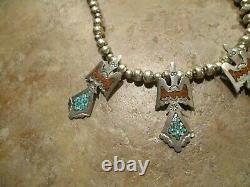 Vintage Navajo Sterling Turquoise / Coral THUNDERBIRD Squash Blossom Necklace