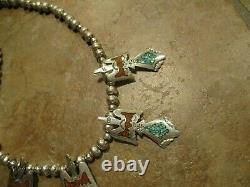 Vintage Navajo Sterling Turquoise / Coral THUNDERBIRD Squash Blossom Necklace