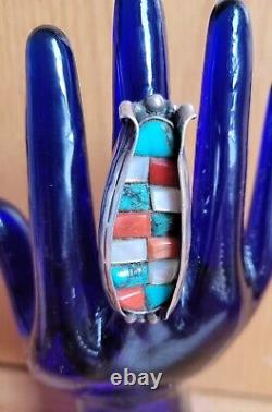 Vintage Navajo Style Corn Ring Size 7 Turquoise Coral