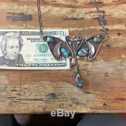 Vintage Navajo Style Sterling Turquoise Butterfly Necklace, 62 Grams