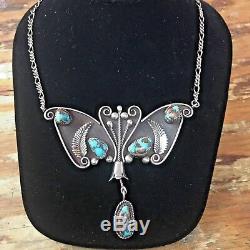 Vintage Navajo Style Sterling Turquoise Butterfly Necklace, 62 Grams