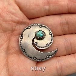 Vintage Navajo Swirl Turquoise Hand Stamped Silver Brooch Pin
