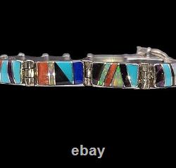 Vintage Navajo Ted Etsitty Sterling Stone Inlay Link Bracelet Turquoise Onyx