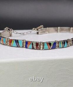 Vintage Navajo Ted Etsitty Sterling Stone Inlay Link Bracelet Turquoise Onyx