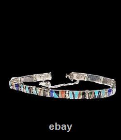 Vintage Navajo Ted Etsitty Sterling Stone Inlay Link Bracelet Turquoise Onyx