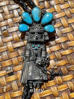 Vintage Navajo Thomas Byrd Red Mesa Turquoise Silver Sunface Kachina Bolo Tie