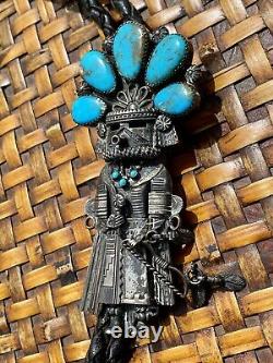 Vintage Navajo Thomas Byrd Red Mesa Turquoise Silver Sunface Kachina Bolo Tie