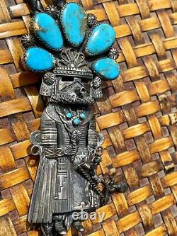 Vintage Navajo Thomas Byrd Red Mesa Turquoise Silver Sunface Kachina Bolo Tie