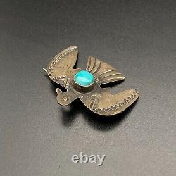 Vintage Navajo Thunderbird Turquoise Hand Stamped Silver Brooch Pin