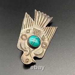 Vintage Navajo Thunderbird Turquoise Hand Stamped Sterling Silver Brooch Pin