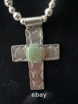 Vintage Navajo Tommy Singer Sterling & Royston Turquoise Cross Necklace 22 30g