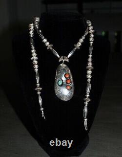 Vintage Navajo Turquoise And Coral Sterling Silver Shadowbox Necklace