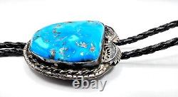Vintage Navajo Turquoise Bolo Tie Sterling Tips Native American Silver LARGE