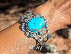 Vintage Navajo Turquoise Bracelet Genuine Sterling Silver Jewelry Signed Sz 6.75