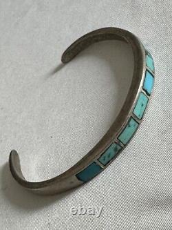 Vintage Navajo Turquoise Channel Inlay Sterling Silver Cuff Bracelet 6.5 E6