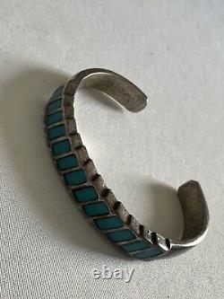 Vintage Navajo Turquoise Channel Inlay Sterling Silver Cuff Bracelet 6 E6