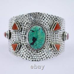 Vintage Navajo Turquoise & Coral Hammerwork Cuff Bracelet in Sterling Silver