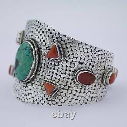 Vintage Navajo Turquoise & Coral Hammerwork Cuff Bracelet in Sterling Silver