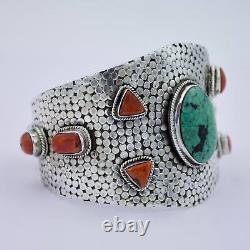 Vintage Navajo Turquoise & Coral Hammerwork Cuff Bracelet in Sterling Silver