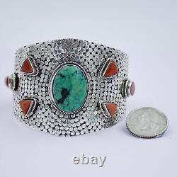 Vintage Navajo Turquoise & Coral Hammerwork Cuff Bracelet in Sterling Silver