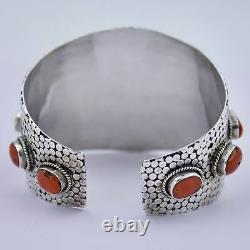 Vintage Navajo Turquoise & Coral Hammerwork Cuff Bracelet in Sterling Silver