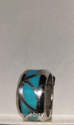 Vintage Navajo Turquoise Coral Inlay Sterling Silver Ring