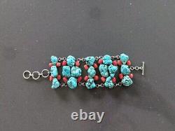 Vintage Navajo Turquoise Coral Nugget Sterling 925 Cuff Bracelet 103.28g B16