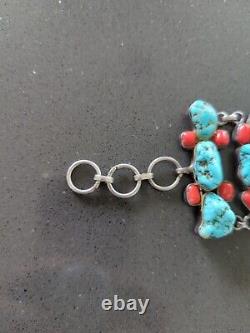 Vintage Navajo Turquoise Coral Nugget Sterling 925 Cuff Bracelet 103.28g B16