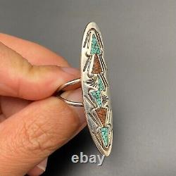 Vintage Navajo Turquoise Coral Stamped Silver Ring Size 6.25