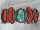 Vintage Navajo Turquoise & Coral Sterling Silver Bracelet Signed 57.6g