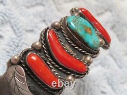 Vintage Navajo Turquoise & Coral Sterling Silver Bracelet Signed 57.6g
