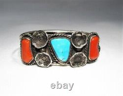 Vintage Navajo Turquoise & Coral Triple Stone Sterling Silver Ring C2759