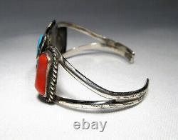 Vintage Navajo Turquoise & Coral Triple Stone Sterling Silver Ring C2759