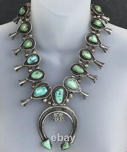 Vintage Navajo Turquoise Green Blue Sterling Silver Squash Blossom Necklace