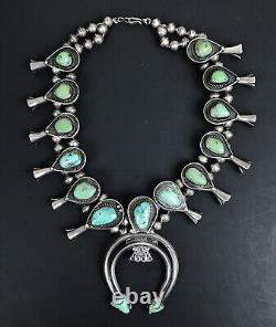 Vintage Navajo Turquoise Green Blue Sterling Silver Squash Blossom Necklace