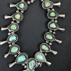 Vintage Navajo Turquoise Green Blue Sterling Silver Squash Blossom Necklace