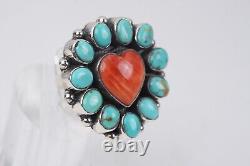 Vintage Navajo Turquoise & Heart Spiney Oyster 925 Ring Size 8